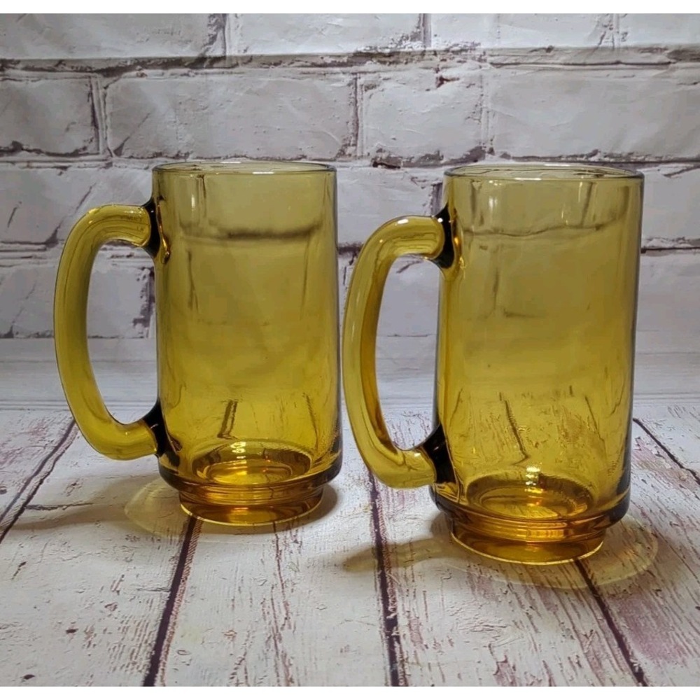 Retro 1970's Hazel Atlas Amber Gold Beer Glasses Mugs Stein 5.5" Set of 2